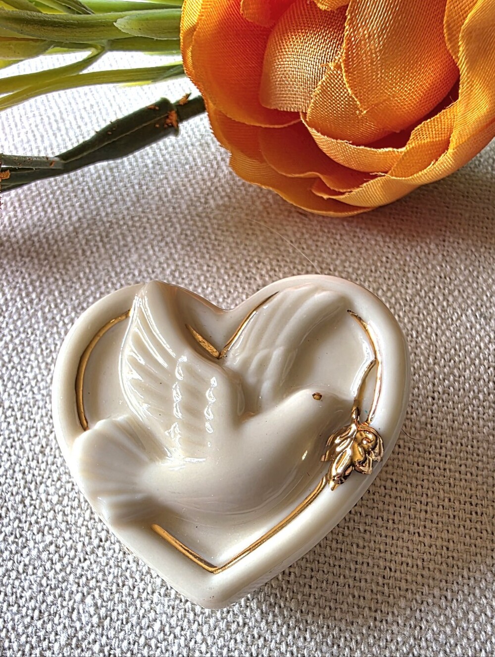 Vintage Lenox Porcelain Heart brooch featuring a dove and gold
